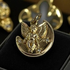 Gold Tone Angel on Moon Crystal Stars Necklace Charm Pendant Vintage
